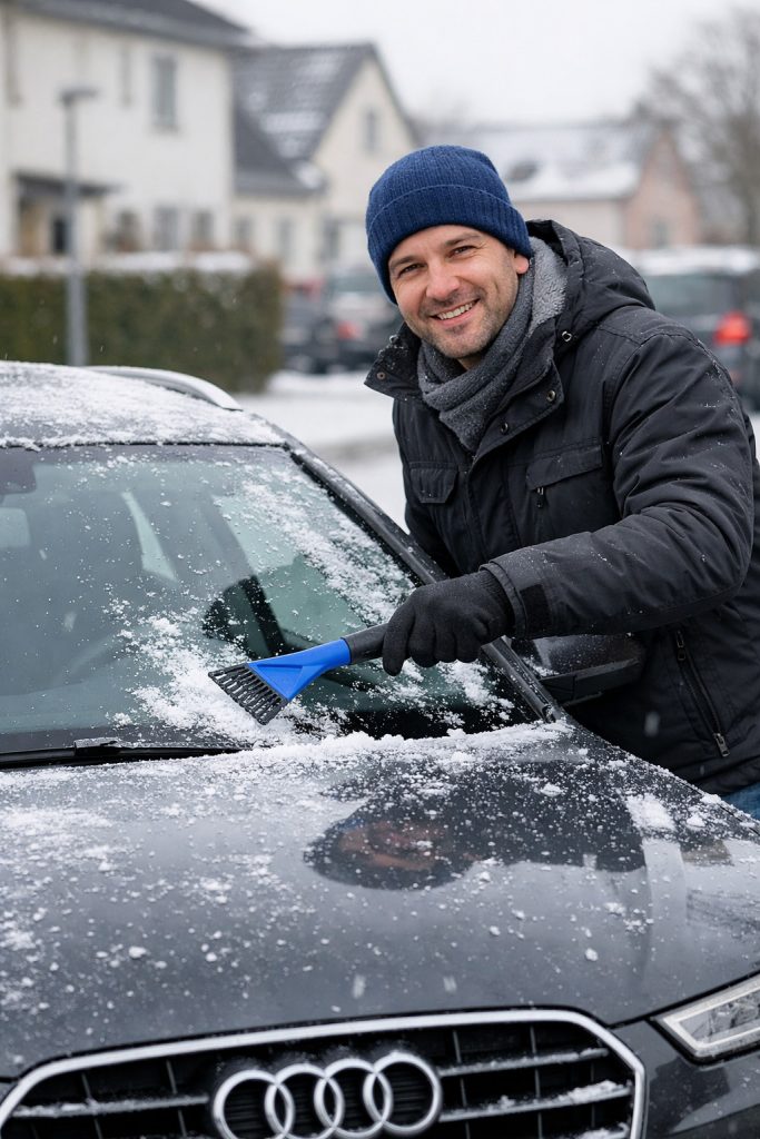Mann beim Frei-Kratzen einer vereisten Auto-Frontscheibe im Winter